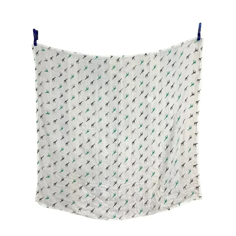 Tiny Zone Gray Green Giraffe Muslin Swaddle Baby Blanket Bamboo Cotton Blend